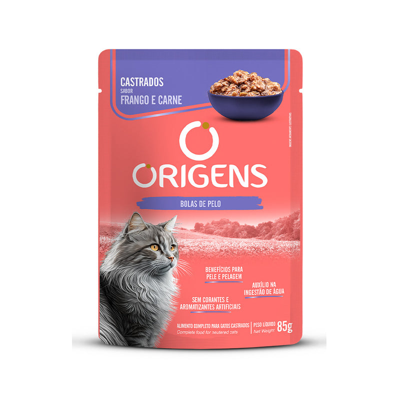 Ração Úmida Origens para Gatos Castrados Sabor Frango e Carne 85g