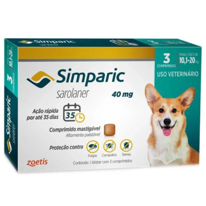 Antipulgas Para Cães Simparic 40mg De 10-20kg 3 Comprimidos